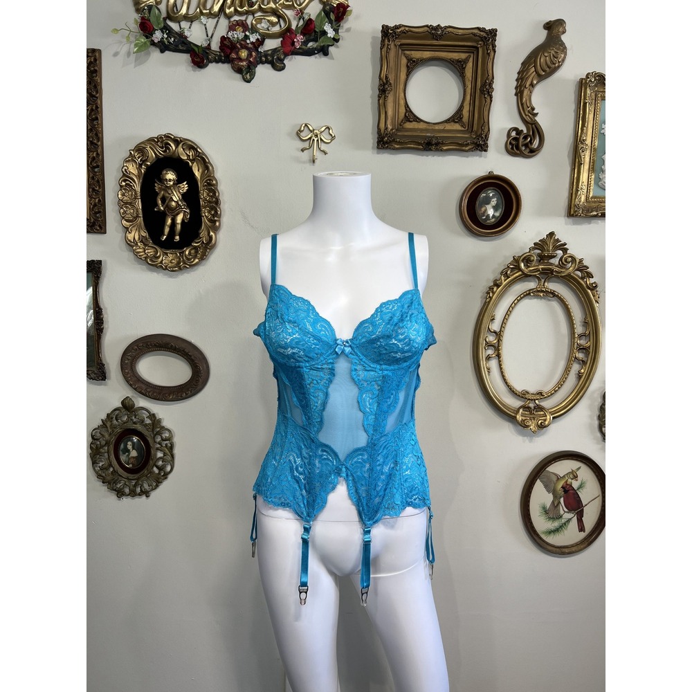 Shirley of Hollywood Vintage Bright Blue Lace Corset Garter Top Size 34